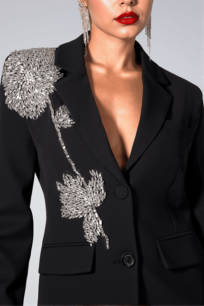 Annicka Rhinestones Floral Black Blazer