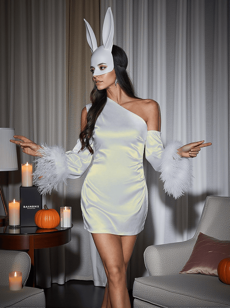 Klara Satin Feather Trimmed Mini Dress In White