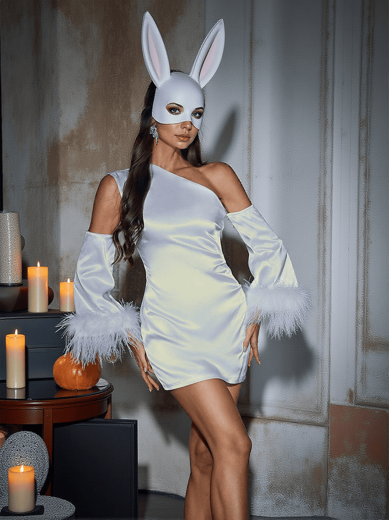 Klara Satin Feather Trimmed Mini Dress In White