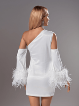 Klara Satin Feather Trimmed Mini Dress In White