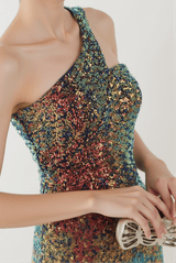 Anura Sequin One Shoulder Pleat Dress