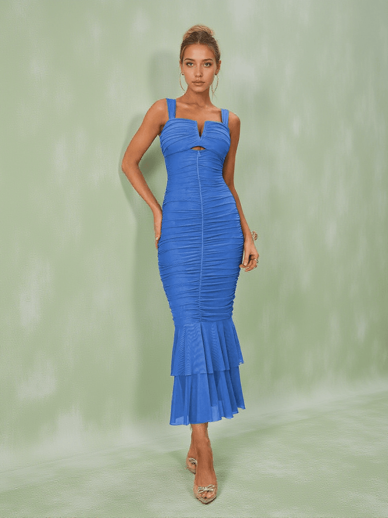 Eri Ruched Mesh Maxi Dress In Blue