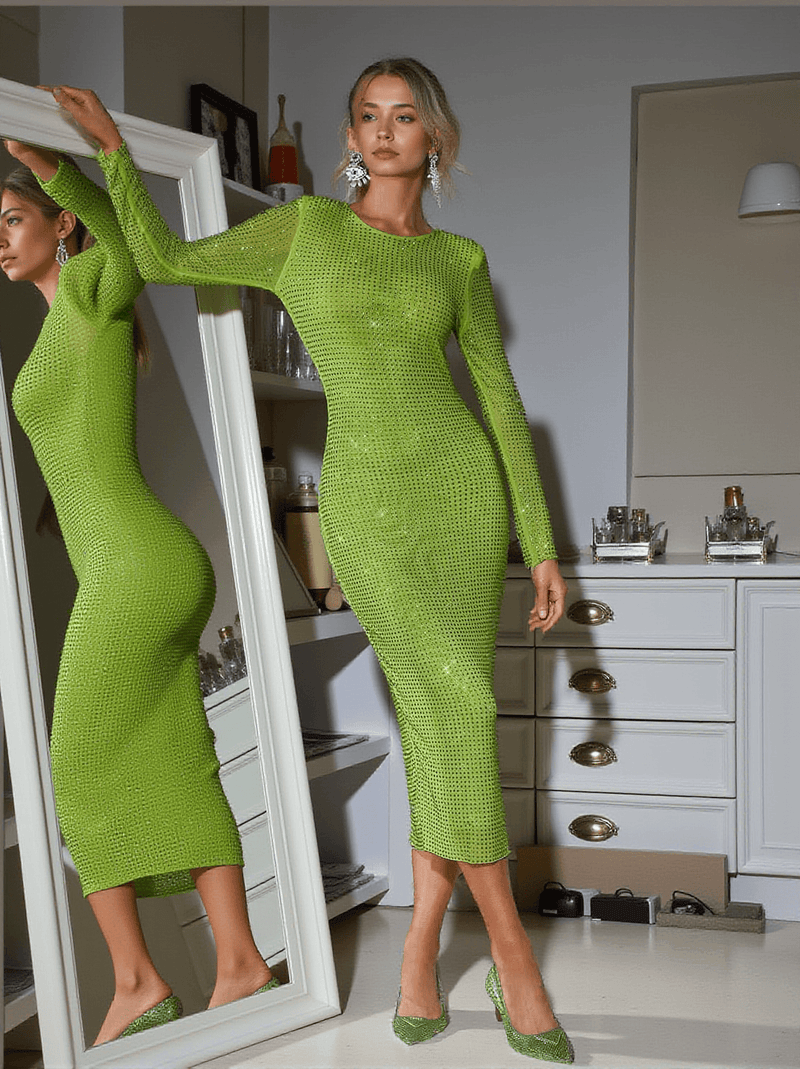 Neriah Long Sleeve Crystal Midi Dress In Green