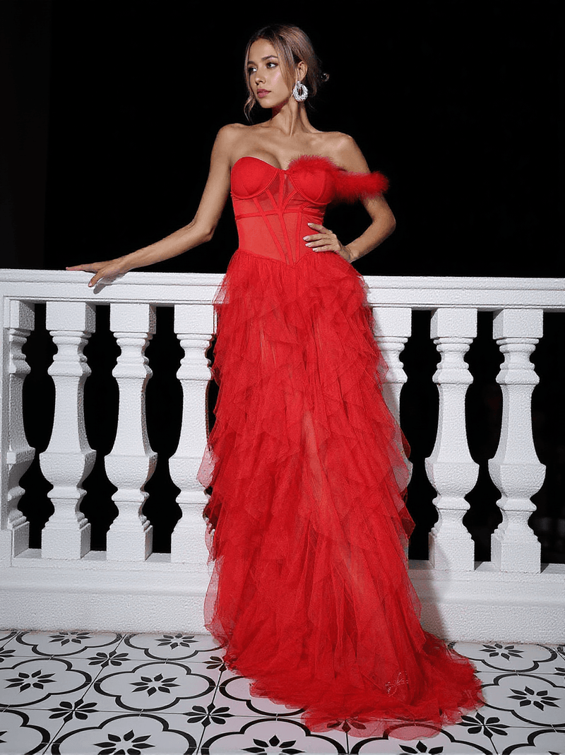 Titania One Shoulder Tulle Maxi Dress In Red