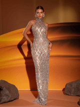 Liora Sequin Crystal Maxi Dress In Light Nude