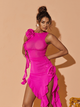 Norine Mesh Flower Midi Dress In Hot Pink