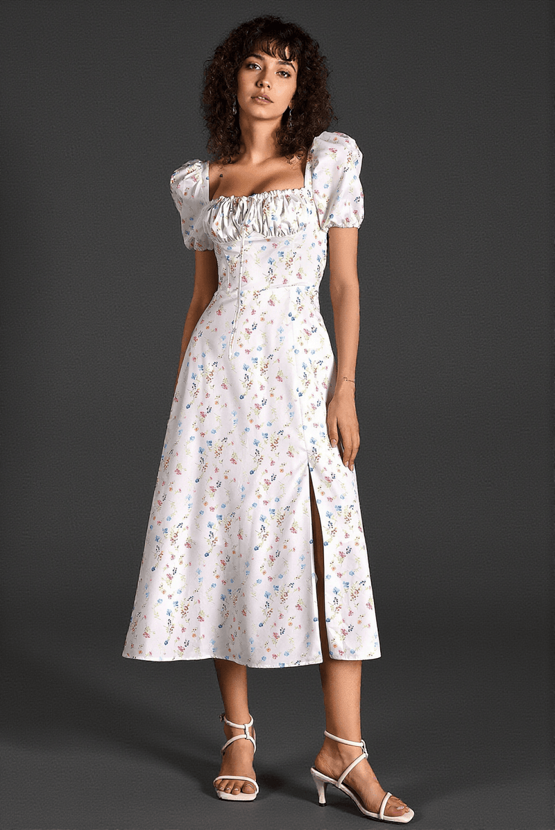 Diann Floral Side Split Puff Sleeve Dress