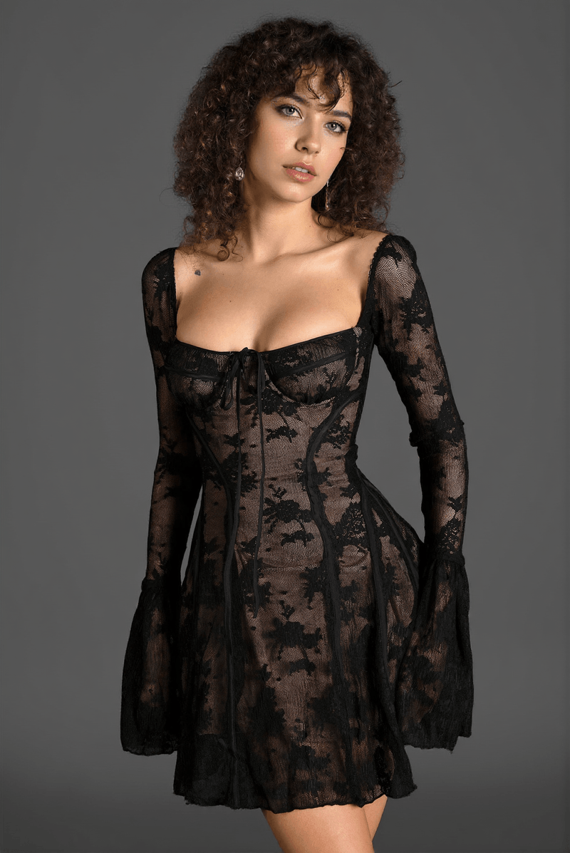 Milotis Bell Sleeve Lace Mini Dress In Black