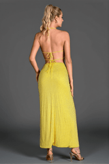 Xeneli Backless Halter High Slit 2 Piece Set In Yellow