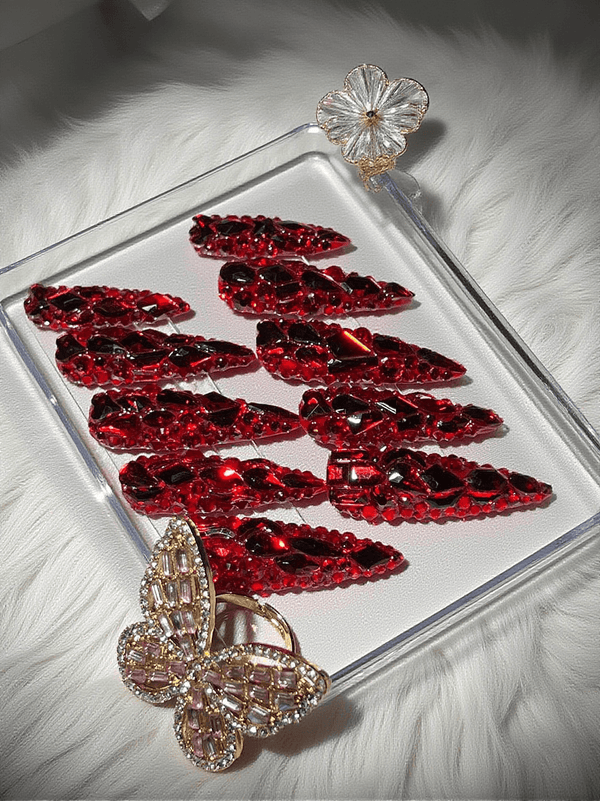 Red Crystal Stilleto Handmade Press On Nails