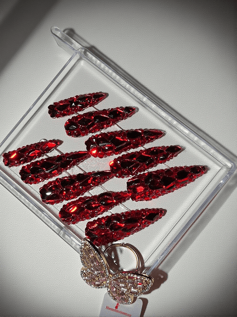 Red Crystal Stilleto Handmade Press On Nails