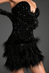 Katia Off Shoulder Sequin Feather Dress With Gloves