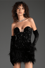 Katia Off Shoulder Sequin Feather Dress With Gloves