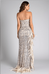 Rematou Off Shoulder Pearl Feather Slit Dress