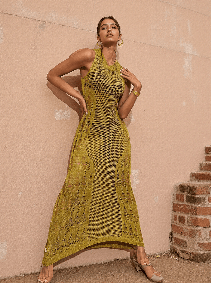 Julieta Hollow Knitted Maxi Dress In Green