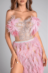 Eftychia Pink Feather High Slit Backless Dress