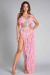 Eftychia Pink Feather High Slit Backless Dress