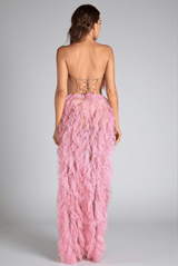 Eftychia Pink Feather High Slit Backless Dress