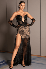 Nassoglou Lace High Slit Dress With Gloves