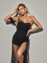 Vanita One Shoulder Mesh Maxi Dress In Black