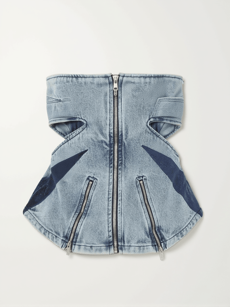 Amarel Strapless Cutout Zip Denim Top