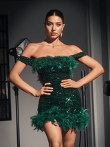 Amaris Off Shoulder Sequin Feather Mini Dress In Green