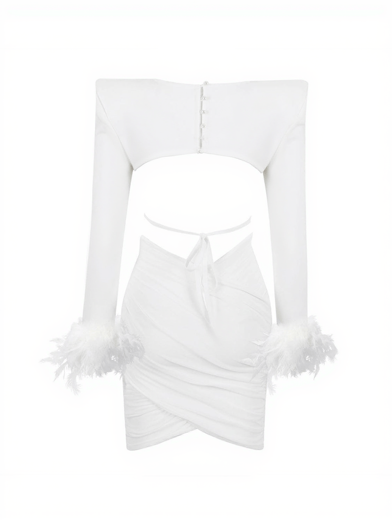 Fauna Long Sleeve Feather Mesh Bandage Set In White