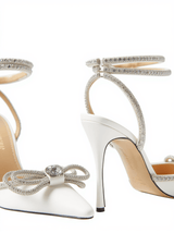 Laila Bow Crystal Satin Heels In White