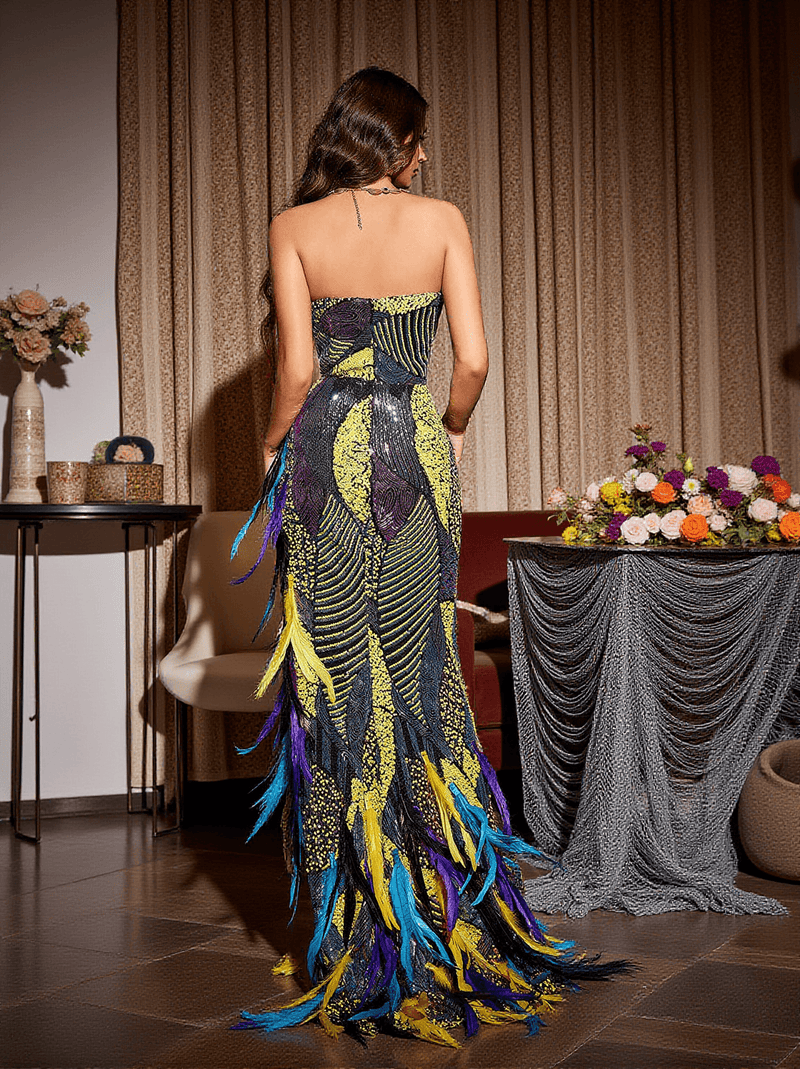 Fifi Patchwork Sequin Feather Asymmetric Maxi Dress