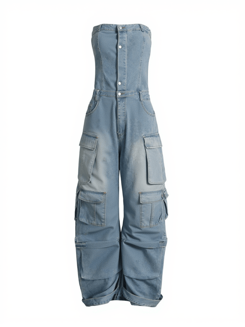 Eden Strapless Pocket Denim Jumpsuit In Blue