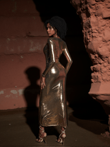 Tressie V Neck Metallic Dress In Gold