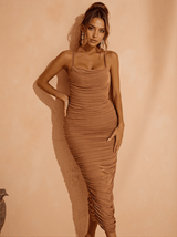 Ophelia Spaghetti Mesh Bandage Dress In Brown