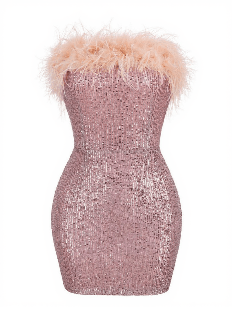 Marin Strapless Feather Sequin Mini Dress In Lotus