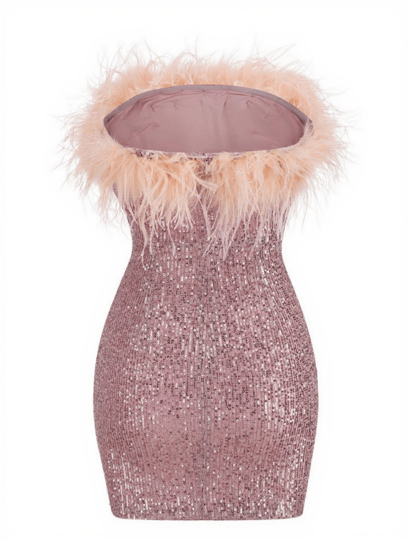 Marin Strapless Feather Sequin Mini Dress In Lotus