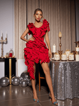 Margie Cutout Ruffle Tiered Dress In Red