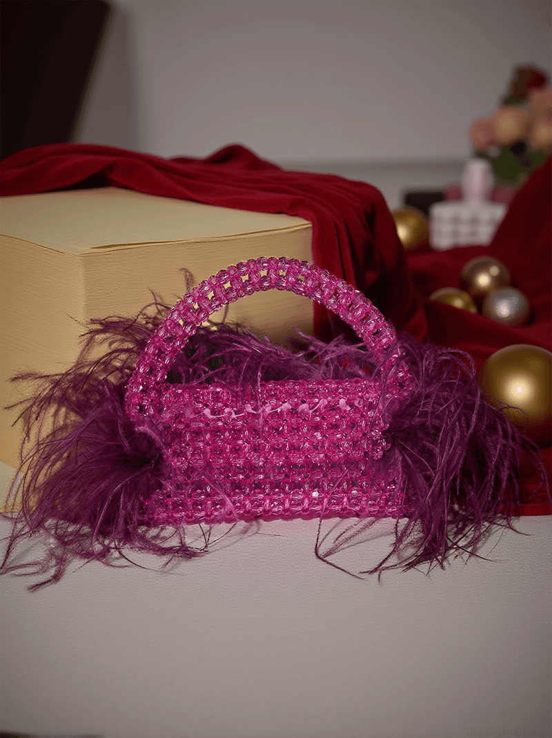 Cinta Rhinestone Feather Fringe Clutch In Purple