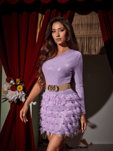 Daria One Shoulder Sequin Feather Mini Dress In Lilac