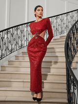 Aviva Long Sleeve Cutout Sequin Maxi Dress In Red