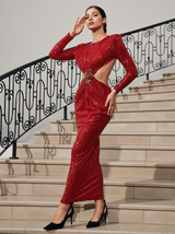 Aviva Long Sleeve Cutout Sequin Maxi Dress In Red