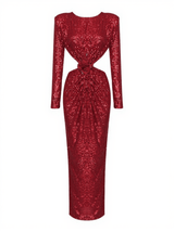 Aviva Long Sleeve Cutout Sequin Maxi Dress In Red