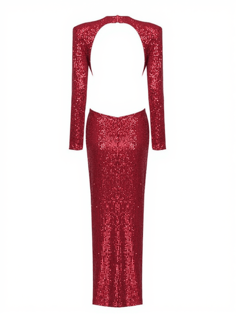 Aviva Long Sleeve Cutout Sequin Maxi Dress In Red