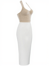 Isabella Halterneck Pearls Bandage Dress In Beige