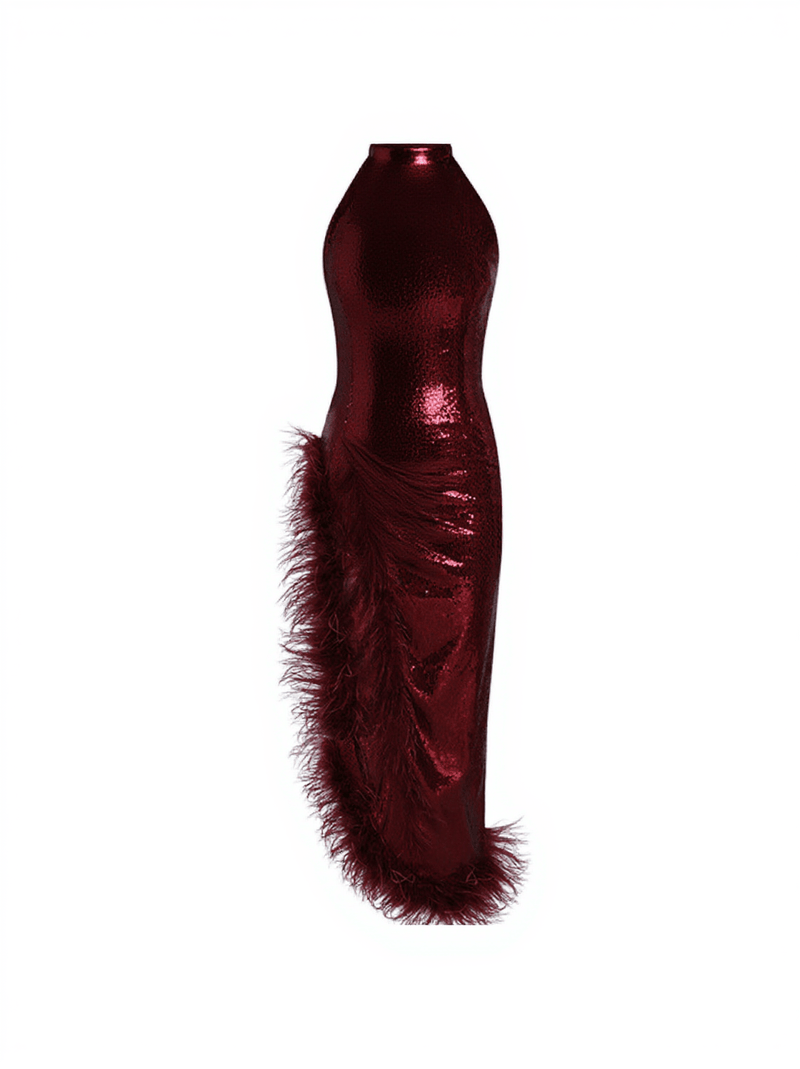 Cole Sleeveless Feather Sequin Dress In Wine