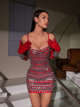 Izaiah Crystal Embellished Bandage Dress With Gloves In Red