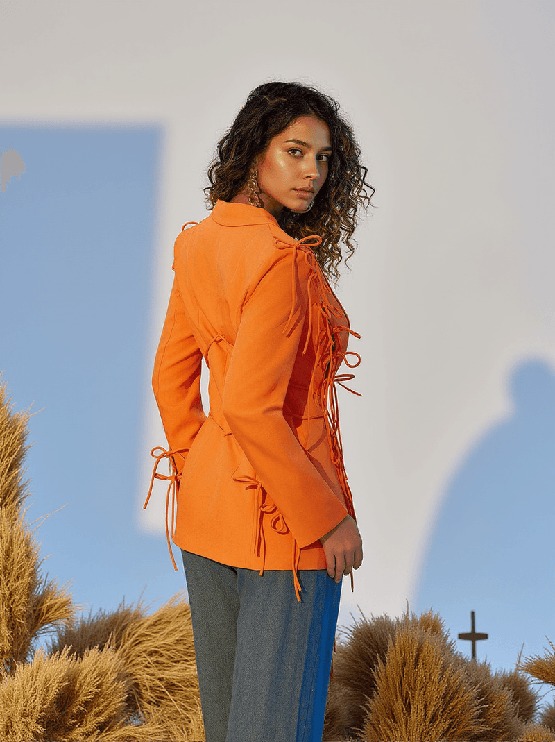 Garbo Lace Up Bow Blazer In Orange