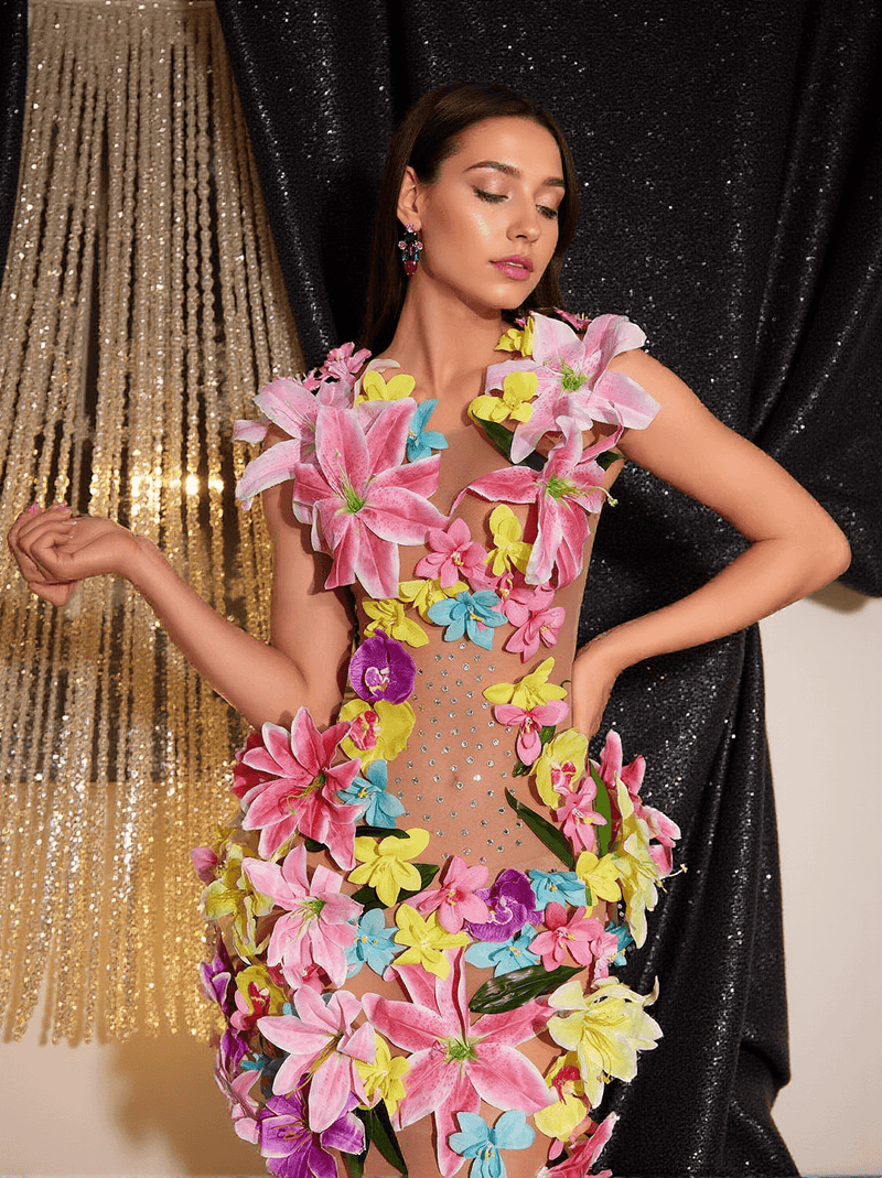 Jamshid Sleeveless Flower Rhinestone Mesh Dress