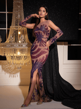 Nica Printed Rhinestone Mesh Maxi Dress