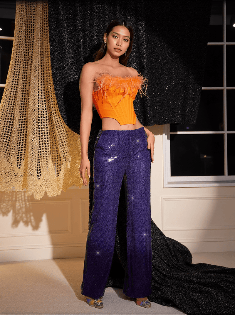 Likan Crop Top Sequin Pants Set