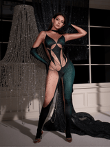 Metra Body Printed Rhinestone Gloves Jumpsuit In Green