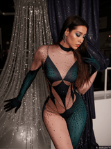 Metra Body Printed Rhinestone Gloves Jumpsuit In Green